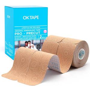 lot 54772 image: OK TAPE PRO Original Kinesiology Tape Pre-Cut Strips, Latex Free Elastic Athletic Tape Roll, 2in�16ft 2Rolls,BeigeBeige - Retail $10