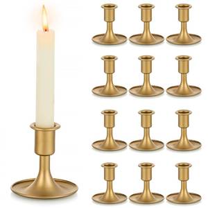lot 54780 image: Gold Taper Candle Holder Set of 12, Short Skinny Brass Candlestick Holders, Vintage Small Low Metal Candles Sticks for Wedding Centerpieces Christmas Birthday Party Holiday Dining Table Decor - Retail $27