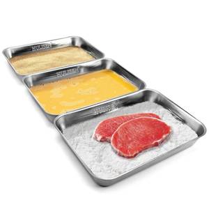 lot 54784 image: Breading Trays Set of 3, Large Stainless Steel Breading Pans for Dredging Chicken Breasts and Marinating Meat, Interlocking Food Prep Trays for Coating Fish and Breadcrumb Dishes, Oven Safe - Retail $39