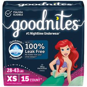 lot 54786 image: Goodnites Girls Nighttime Bedwetting Underwear, Size Extra Small (28-43 lbs), 15 Ct, Packaging May Vary - Retail $10