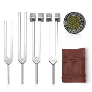 lot 54787 image: Tuning Forks for Healing Set Includes 128Hz, 136Hz, 256Hz, 384Hz & Activator, Portable in Red Leather Pouch Medical Grade Sound Healing Instruments for Chakra, Yoga, and Meditation - Retail $36