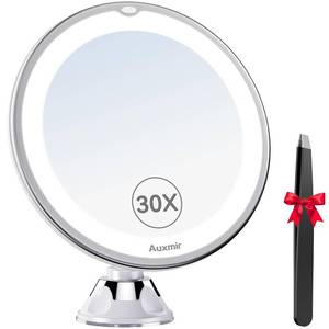 lot 54788 image: 30X Magnifying Mirror with Light, Makeup Mirror with 2-Level Lights, Portable Magnifying Mirror Suction Cup and Tweezers, 360° Swivel, Vanity Bathroom Mirror for Home Travel (missing Tweezers) - Retail $15