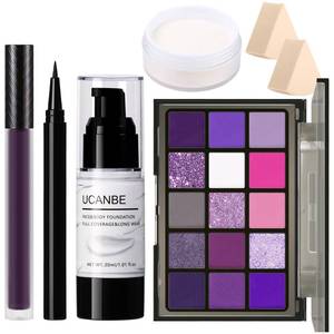 lot 54791 image: Purple Halloween Makeup Kit Witch Devil Sorceress Ursula Makeup Set for SFX Costume Cosplay - Eyeshadow Palette, White Foundation, Purple Lipstick, Black Eyeliner, Setting Powder & Sponges - Retail $16
