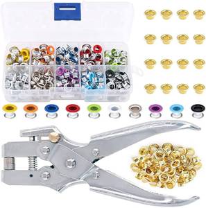 lot 54814 image: Eyelet Hole Punch Pliers, 316 in(5mm) Eyelet Grommet Pliers Kit Metal Eyelets Kits with over 100PCS Multicolor Grommets Shoe Eyelets Grommet Sets for Leather Fabric Belt Clothes Decorative Repair - Retail $16