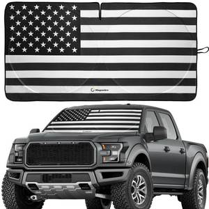 lot 54820 image: American Flag Windshield Sun Shade, High-Resolution Sun Shield with Mirror Cut-Out for Automotive Interior Sun and Heat Protection, Folding Car Sunshade - X-Large, Black & White - Retail $20