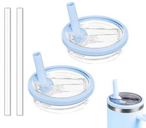 lot 54824 image: 2 Pack 30 oz Tumbler Flip Straw Lid Replacement Compatible for Stanley Quencher, Leak Proof Lid Replacement for 30 OZ Stanley H2.0 FlowState Tumbler, Spill Proof Splash Reusable (Sky Blue) - Retail $10