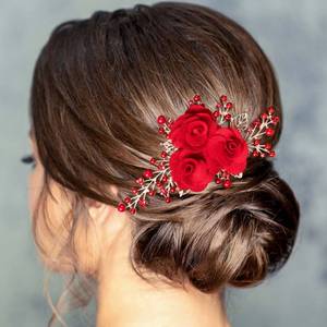 lot 54829 image: Rose Flower Comb 6.1inch Red Hair Clip Bridal Girl Women Accessories Bride Headpiece Gift for Wedding Party Prom Christmas Valentines Day Long Thick Hair - Retail $9