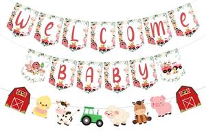 lot 54842 image: Farm Animal Baby Shower Banner, Red and Blue Welcome Baby Bunting Garland, Farm Animal Themed Party Decoration, Barnyard Party Supplies for Boys Girls - Retail $10