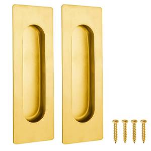 lot 54847 image: 4.72 Inch Recessed Finger Flush Pulls for Kitchen Cabinet, Closet, Sliding Cupboard Door Handle - Brushed Gold Stainless Steel Rectangular Door Pulls Replacement Hardware (2 Pack) - Retail $14