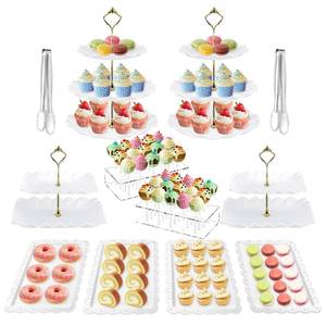 lot 54853 image: 12 Pcs Cake Stand, Dessert Table Display Set, 4 Pcs Tiered Cupcake Stand Holder 2Pcs Cake Pop Stand 4Pcs Serving Tray and 2 Tongs for Tea Party Baby Shower Birthday - Retail $30