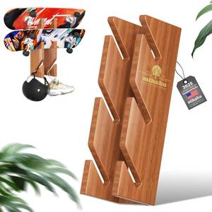 lot 54861 image: Stand 3-Layer Wooden Skateboard Holder, Snowboard Storage Display Rack, Longboard Kids Skateboard Deck (wood) - Retail $18