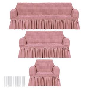 lot 54878 image: 3 Pcs Sofa Slipcover Set for Couch Cushion Durable Washable High Elastic Stretchable Furniture Couch Covers with Skirt for Sofa Loveseat Arm Chair(Pink, Seersucker) - Retail $53