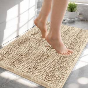 lot 54881 image: Thick Bathroom Rugs 24x16, Extra Soft Absorbent Chenille Striped Bath Rugs, Rubber Backing, Machine Wash Dry, Bath Mats for Bathroom Floor, Tub and Shower, Home Decor Accessories, Beige - Retail $15