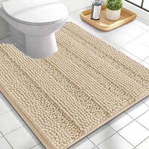 lot 54882 image: Thick Toilet Rugs U-Shaped 24x20, Extra Soft Absorbent Chenille Striped Contour Bathroom Rugs for Toilet, Dry Quickly, Machine Washable, Non-Slip Bath Mat, Beige - Retail $19