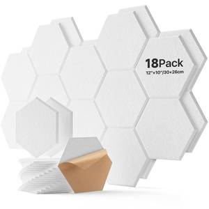 lot 54897 image: 18 Pack Hexagon Acoustic Panels, Self-Adhesive Soundproof Wall Panels, High Density Acoustic Wall Panels, Sound Proofing Panels for Walls, Office, Recording Studio, Ceiling 12 X 10 X 0.4 White - Retail $31
