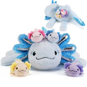 lot 54906 image: 5 Pieces Axolotl Stuffed Animals with Babies Inside Belly - 1 Mommy Stuffed Axolotl with 4 Babies - Blue Axolotls Plush Toy for Kid Age 3-8, Gift Ideal for Christmas, Valentines, Birthday - Retail $25