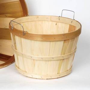 lot 18634 image: Lehmans Handcrafted Half Bushel Baskets, Vintage Style USA Made Poplar Wood with Wire Handles, 9.5 x 14.75 inches