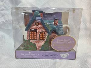 lot 9 image: Thomas Kinkade Cottage Teapot and Blueberry Tea Gift Set