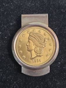 lot 30 image: 1854 Gold Brass LIBERTY$20 Double Eagle Coin Replica Money Clip