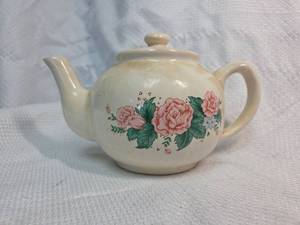 lot 102 image: Small Decorative White Ceramic Teapot with Pink Flowers