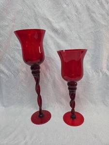 lot 116 image: Ruby Red Glass Candlesticks with Twisted Stems