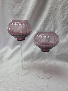 lot 205 image: Purple Glass Candle Holders with Clear Stems