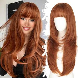 lot 22 image: Eawwii Long Ginger Wig with Bangs for Women,4x4 Realistic Scalp, Free Parting,Layered Hairstyle Synthetic Heat Resistant for Daily Party Use 26 inch - Retail $33
