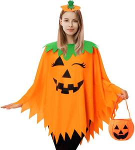 lot 32 image: KOFECIT 3 PCS Halloween Pumpkin Poncho for Women,Pumpkin Cape Costume with Headband and Candy Bag,Halloween Costume for Women Adults - Retail $13