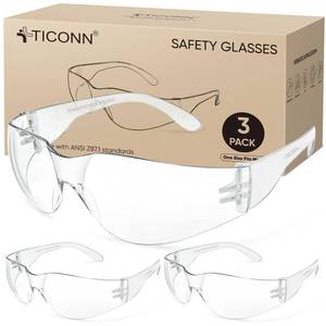 lot 45 image: TICONN 3 Clear Safety Glasses for Men, Safety Goggles with Scratch Impact Resistant Meets ANSI Z87.1 Standard (3 Pack) - Retail $12