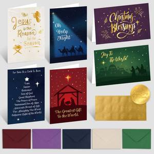 lot 49 image: GRADESIN Religious Christmas Cards with Envelopes,18 Pack 4 x 6 Gold Foil Embossed Christian Christmas Greeting Cards Nativity Scenes with Stickers for Xmas Winter New Year 6 Designs - Retail $6
