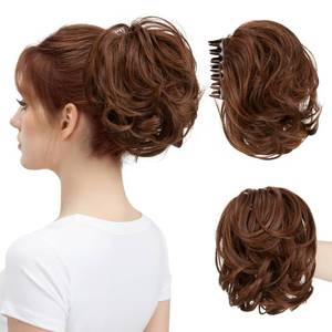 lot 52 image: youngways Claw Clip Short Ponytail Messy Bun Hair Piece Bendable Hair Branch Extensions Fluffy Wavy Curly Synthetic Versatile Red Vino Hairpieces - Retail $19