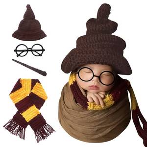 lot 60 image: Newborn Photography Props Halloween Wizard Witch Hat Scarf Wand Glasses Frame 4 PCS Set Crochet Baby Photo Prop Halloween Baby Photoshoot Props Halloween Magic Party Cosplay Set - Retail $41