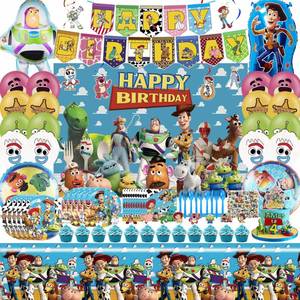lot 63 image: Cartoon Birthday Decorations, Cartoon Party Supplies - Happy Birthday Banner Balloons Plates Backdrop Cake Toppers Tablecloth Hanging Swirls Stickers - Retail $36