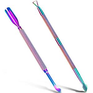 lot 68 image: 2PCS Metal Cuticle Pusher and Scraper (ChameleonRainbow), Colorful Nail Trimmer Cutter Stainless Steel Gel Scraper Tool, Polish Remover Peeler Salon Manicure Cleaner for Fingernail and Toenail - Retail $7