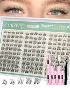lot 107 image: Short Lash Clusters Kit 8-12MM Natural Lash Extension kit Invisible Band Eyelash Clusters Wispy Cluster Eyelash Extensions C Curly DIY Cluster Lashes Bond and Seal Tweezers by Lvmixwig - Retail $16