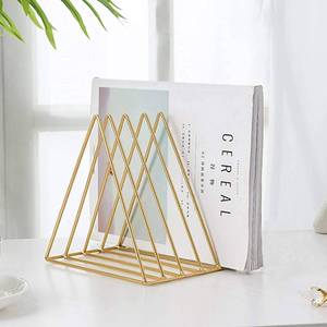 lot 108 image: QPEY Triangle File Holder,5 Slot Metal Vinyl Record Stand Holder Magazine Newspaper Holder Photography Props for Office Home (2pc gold) - Retail $287