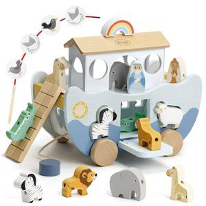lot 123 image: Joyreal Wooden Noahs Ark Toy for 1 Year Old Baby Boy and Girl Baptism Gift - Neutral Color Montessori Educational Toy with Animal Shape Sorter - Christian Toys for Toddler 1-3 Christmas Birthday Gift - Retail $28