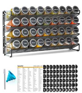 lot 126 image: SpaceAid Spice Rack Organizer with 36 Spice Jars, 386 Spice Labels, Chalk Marker and Funnel Set for Cabinet, Countertop, Pantry, Cupboard or Door & Wall Mount - 36 Jars, 17.2 W � 10.8 H, Black - Retail $60