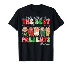 lot 128 image: GREY We Wrap The Best Presents NICU Neonatal ICU Nurse Christmas T-Shirt Medium - Retail $17