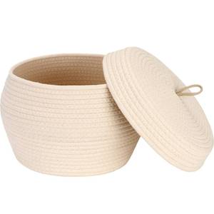 lot 140 image: Sea Team Round Cotton Rope Storage Basket with Lid, Decorative Woven Storage Bin, Pot, Caddy, Organizer, Container for Snacks, Towels, Plants, 13 x 9 Inches (Large, Cream) - Retail $28