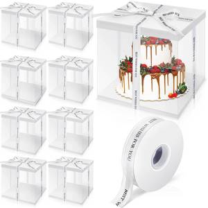 lot 141 image: Taiyin 9 Pcs Large Tall Clear Cake Box 10x10x9 White PET Gift Box with Ribbon and Pre Folded Lid for 8 Cake Bakery Pastries Baking Display Birthday Wedding Party - Retail $37