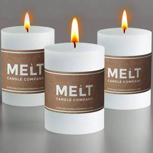 lot 142 image: Melt Candle Pillar Candles, 3 Pack - Unscented Candles for Home, Church, Weddings, & More - 3 x 4, White - Retail $24