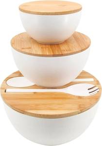 lot 152 image: ONE UTENSIL MISSING ECOWAY Salad Bowls Set of 3 with Lid & Serving Utensils, Bamboo Fiber Mixing Bowls Set Large Serving Bowls & Storage Set with Bamboo Lid for Salad, Kitchen Eating, Pasta, Popcorn, Chips, Fruit, White - Retail $34