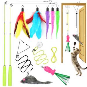 lot 191 image: ChicWow Interactive Retractable Cat Wand & Hanging Toys for Cats - 2 Wands, 2 Hanging, 7 Teaser Cat Toys for Indoor Adult Cats Kitten, Includes Feather, Mouse, Fish, Worm, 1 Spare Elastic Rope - Retail $10