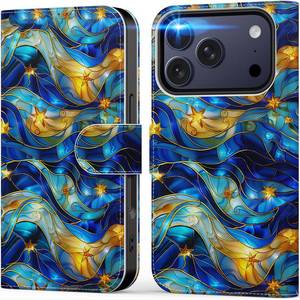 lot 232 image: DEENAKIN for iPhone 17 Pro Wallet Case with Card Holder  Cash Clip, RFID-Blocking, Military-Grade Drop Protection & UV-Printed Artwork, Magnetic Closure with Leather Stand - Bule Gold Water - Retail $18