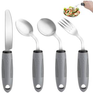 lot 247 image: AuntyFey Weighted Adaptive Utensils, 4Pcs Weighted Utensils for Hand Tremors, 45°Angled Parkinsons Utensils for Elderly, 3.5oz Weighted Built Up Utensils for Adults, Disabled, Parkinson, Right-Handed - Retail $21