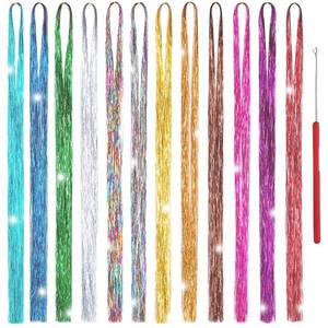 lot 258 image: Hair Tinsel Kit 12 Colors, 2500 Strands 48 Inches Sparkling Tinsel Hair Extensions with Tool, Fairy Hair Tinsel for Birthday Halloween Christmas New Year Party - Retail $10