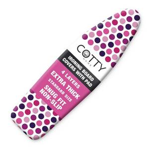 lot 264 image: COTTY HOME Extra Thick Ironing Board Covers with Pad Standard Size 15x54, Heat Reflective Full Scorch Resistant Padding, Snug Fit Non-Slip Nose Pocket Fastener Straps Elastic Edges, Polka Dots - Retail $24