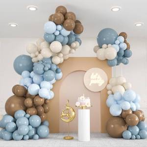 lot 265 image: Premium 136pcs Dusty Blue & Brown Balloon Arch Kit �� 1812105 Inch Neutral Sand White Balloons for Bear Baby Shower, Woodland Gender Reveal, Boho Wedding Party Decor - Retail $8