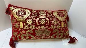 lot 68174 image: Red Velvet Decorative Pillow with Gold Floral Design - Retail $45